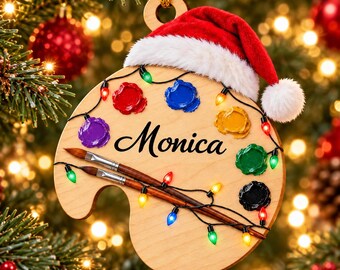 Adorno personalizado de pintura acrílica para artistas, pinceles, gorro de Papá Noel, luces navideñas, nombre personalizado.