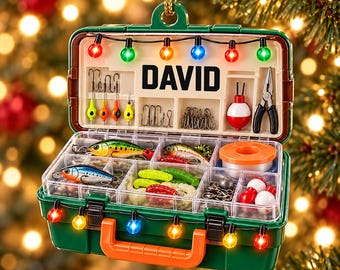 Caja de aparejos de pesca personalizada, adorno acrílico, señuelos, anzuelos, flotadores, luces navideñas, nombre personalizado.