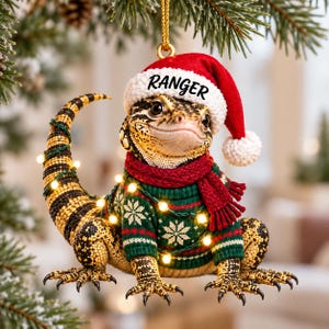 Personalized Monitor Lizard Acrylic Christmas Ornament with Custom Name, Santa Hat, Reptile Lover Gift