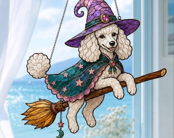 Atrapasueños acrílico de caniche para Halloween, adorno colgante para ventana con perro bruja, decoración de Halloween con caniche, regalo para amantes de los perros, adorno acrílico para ventana