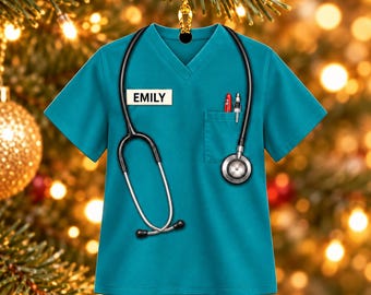 Adorno acrílico personalizado para uniforme de enfermera, uniforme color turquesa, estetoscopio, bolígrafos, nombre personalizado