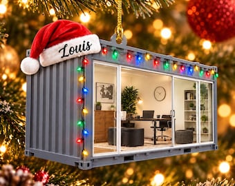 Oficina personalizada en contenedor de envío, adorno acrílico, puertas de vidrio, luces navideñas, nombre personalizado.