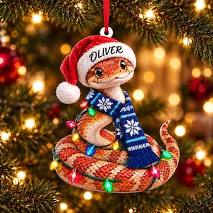 Personalized Corn Snake Acrylic Ornament with Custom Name, Santa Hat, Blue Scarf and Lights