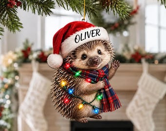 Adorno acrílico personalizado de erizo saludando con nombre personalizado, gorro de Papá Noel, bufanda a cuadros y luces.