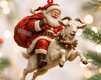 Adorno navideño acrílico personalizado de Papá Noel montando una cabra