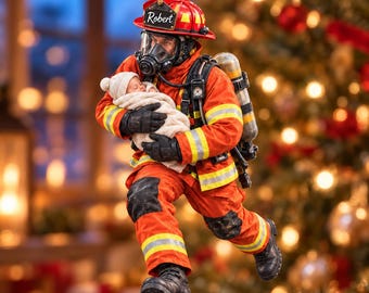 Personalisierte Acrylfigur eines Feuerwehrmanns mit Neugeborenem, Sauerstoffgerät und individuellem Namen