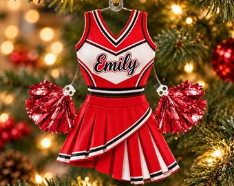 Personalisierte Acryl-Figur in Cheerleader-Uniform mit individuellem Namen und roten Pompons