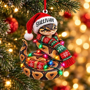 Personalized Ball Python Acrylic Ornament with Custom Name, Santa Hat, Scarf, Gift and Lights