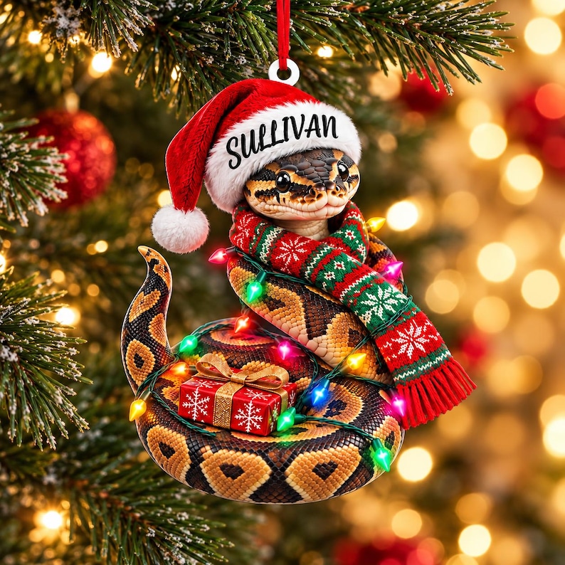 Personalized Ball Python Acrylic Ornament with Custom Name, Santa Hat, Scarf, Gift and Lights image 1