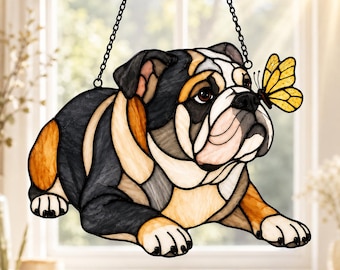 Atrapasueños acrílico personalizado con diseño de bulldog, adorno colgante para ventana personalizado con diseño de bulldog inglés, adorno de perro de vidriera, regalo para amantes de los perros con llavero.