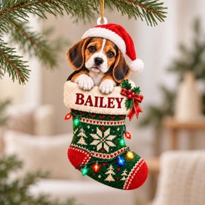 Peut inclure: Une décoration de Noël représentant un chiot beagle portant un bonnet de Père Noël rouge, sortant d'une chaussette en tricot vert avec un revers blanc. Le nom BAILEY est imprimé en rouge sur le revers, orné d'un nœud rouge et de houx.