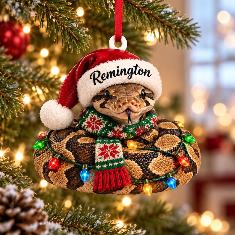 Adorno acrílico personalizado de pitón bola con gorro de Papá Noel, bufanda de punto y luces navideñas. imagen 1