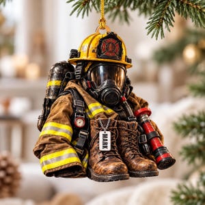 May include: A firefighter-themed Christmas ornament featuring a yellow helmet, a gas mask, a tan jacket with reflective yellow stripes, a black oxygen tank, a red nozzle, and brown lace-up boots with a silver tag engraved with the name MARK.