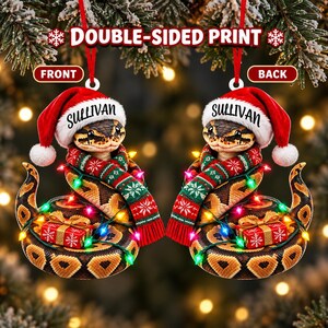 Personalized Ball Python Acrylic Ornament with Custom Name, Santa Hat, Scarf, Gift and Lights image 5
