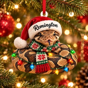 Adorno acrílico personalizado de pitón bola con gorro de Papá Noel, bufanda de punto y luces navideñas. imagen 2