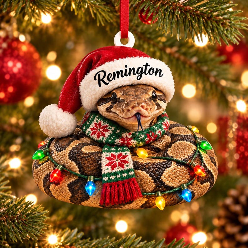 Adorno acrílico personalizado de pitón bola con gorro de Papá Noel, bufanda de punto y luces navideñas. imagen 2