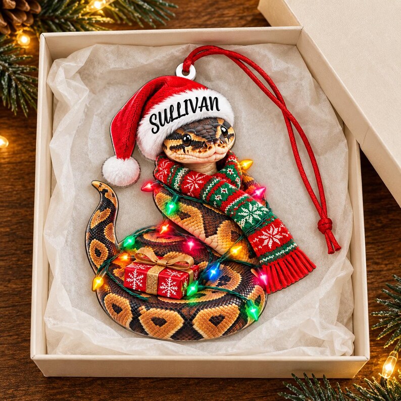 Personalized Ball Python Acrylic Ornament with Custom Name, Santa Hat, Scarf, Gift and Lights image 4