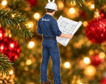 Personalisierte Acrylfigur eines Bauingenieurs mit Schutzhelm, Bauplänen und individuellem Namen