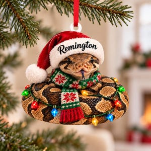 Personalized Ball Python Christmas Acrylic Ornament with Custom Name, Santa Hat and Scarf Gift