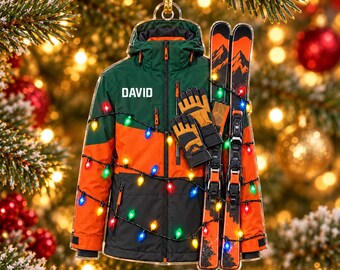 Adorno acrílico personalizado para chaqueta de esquí, esquís naranjas, guantes, luces navideñas, nombre personalizado.