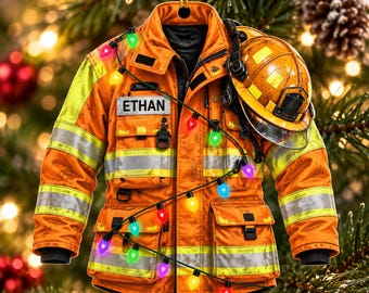 Adorno acrílico personalizado de chaqueta de bombero, casco de bombero, luces navideñas, nombre personalizado