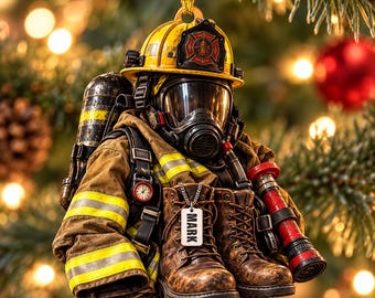Personalisierte Acrylfigur mit Feuerwehrausrüstung: Helm, Stiefel, Sauerstoffmaske und individueller Name