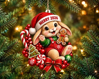 Adorno acrílico de conejito navideño, galleta de jengibre, bastón de caramelo, menta, Feliz 2026