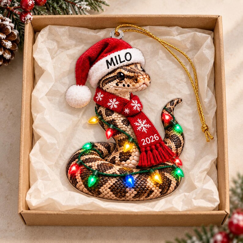Adorno acrílico personalizado de pitón bola con nombre personalizado, gorro de Papá Noel, bufanda 2026 y luces. imagen 5