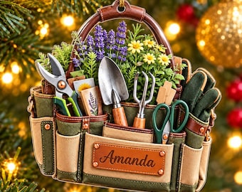 Bolsa de herramientas de jardinería personalizada con adorno acrílico, flores, paleta, tijeras de podar, guantes y nombre personalizado.