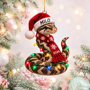 Personalized Ball Python Acrylic Ornament with Custom Name, Santa Hat, 2026 Scarf and Lights