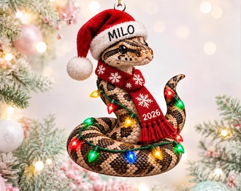Personalized Ball Python Acrylic Ornament with Custom Name, Santa Hat, 2026 Scarf and Lights