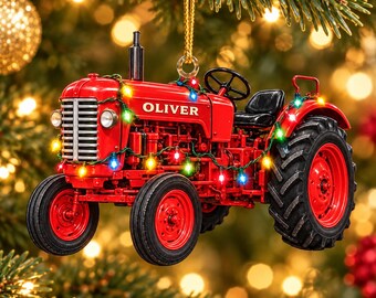 Gepersonaliseerde rode boerderijtractor kerstverlichting acryl ornament, cadeau voor boeren met eigen naam