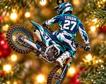 Gepersonaliseerd acryl ornament voor motorcrossers, turquoise crossmotor, kerstcadeau met naam en nummer