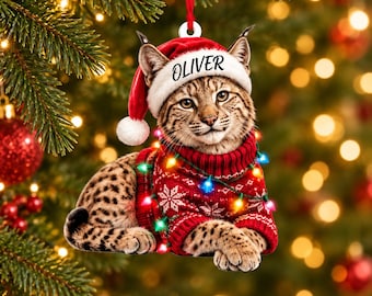 Adorno acrílico personalizado de lince con nombre personalizado, gorro de Papá Noel, suéter y luces navideñas.