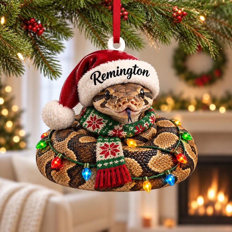 Adorno acrílico personalizado de pitón bola con gorro de Papá Noel, bufanda de punto y luces navideñas. imagen 3