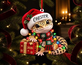 Adorno acrílico personalizado de gecko leopardo, gorro de Papá Noel, bufanda, luces navideñas, regalo de 2026, nombre personalizado