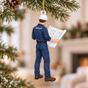 Ornement de Noël personnalisé en acrylique pour ingénieur en construction, avec nom personnalisé, casque de chantier et plan. Cadeau idéal pour les passionnés de construction.