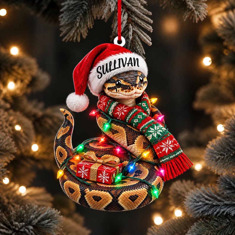 Personalized Ball Python Acrylic Ornament with Custom Name, Santa Hat, Scarf, Gift and Lights image 6
