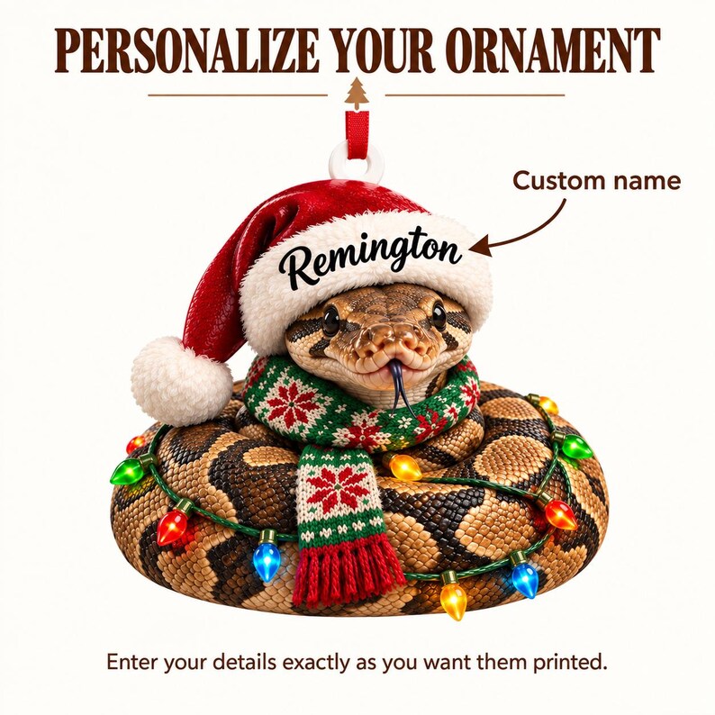 Adorno acrílico personalizado de pitón bola con gorro de Papá Noel, bufanda de punto y luces navideñas. imagen 4