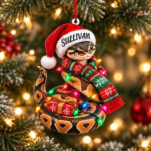 Personalized Ball Python Acrylic Ornament with Custom Name, Santa Hat, Scarf, Gift and Lights image 2
