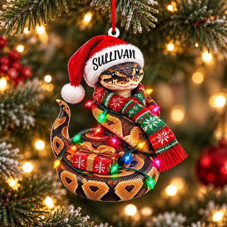 Personalized Ball Python Acrylic Ornament with Custom Name, Santa Hat, Scarf, Gift and Lights image 2