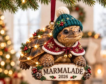 Adorno acrílico personalizado de tortuga con nombre personalizado, letrero de 2026, gorro de invierno, capa y luces.