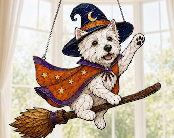 Atrapasueños acrílico con forma de bruja Westie, decoración de ventana para Halloween con temática de perros, regalo para amantes del West Highland Terrier.