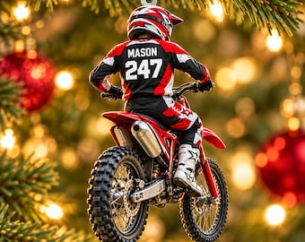 Gepersonaliseerd acryl ornament voor motorcrossers, met eigen naam, racenummer of als kerstcadeau voor crossmotoren.