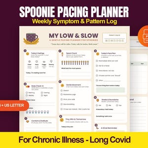 May include: A Spoonie Pacing Planner weekly symptom and pattern log printed on cream paper. The document features sections for daily feelings, spoon counts, pace plans, body check-ins, gentle movement, breaks, boundaries, and tiny wins for chronic illness.