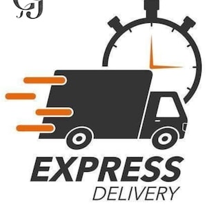 Puede incluir: Un logotipo gráfico que presenta las letras GJ en una fuente estilizada, un camión de reparto negro con líneas de movimiento naranjas y un icono de reloj. Debajo del camión, el texto dice EXPRESS DELIVERY, seguido de Fast Track Delivery for Every Order.