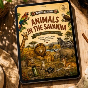 Könnte beinhalten: Ein digitales Tablet mit einem Buchcover mit dem Titel Animals in the Savanna von Nafari Explorer. Das Cover zeigt Illustrationen eines Papageis, Adlers, einer Giraffe, eines Löwen, Leoparden, Zebras, Nashorns und Erdmännchens in einer Savannenlandschaft mit Text.