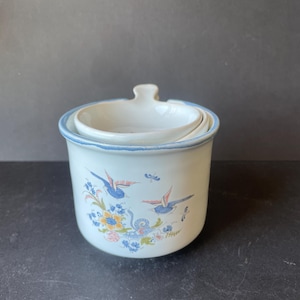 Könnte beinhalten: Eine weiße Keramik-Butterdose mit blauem Rand und passendem Innendeckel. Die Außenseite ist mit einem bunten Blumenmuster mit blauen Vögeln, gelben Blüten und grünem Blattwerk verziert. Der Deckel verfügt über einen kleinen Griff.