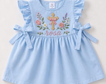 Floral Cross Christian Baby Dress, Embroidered Dress, Short Romper or Bubble Romper, Baptism Gift, Custom Name Outfit, Dedication Gift