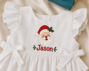 Vestitino in lino personalizzato per neonati con motivo Babbo Natale, tutina natalizia ricamata, completo con nome personalizzato